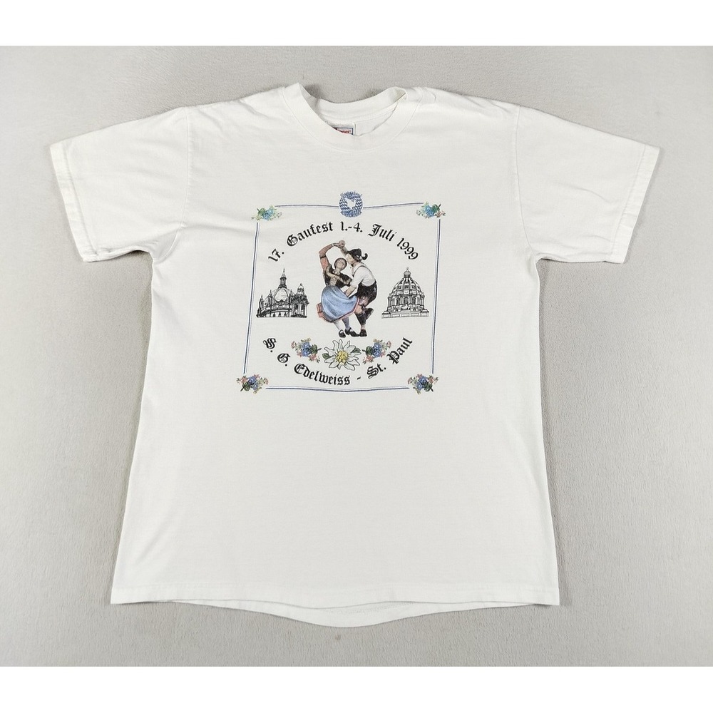 Vintage Hanes 1999 Gaufest Shirt Mens Medium White Edelweiss St Paul German Tee